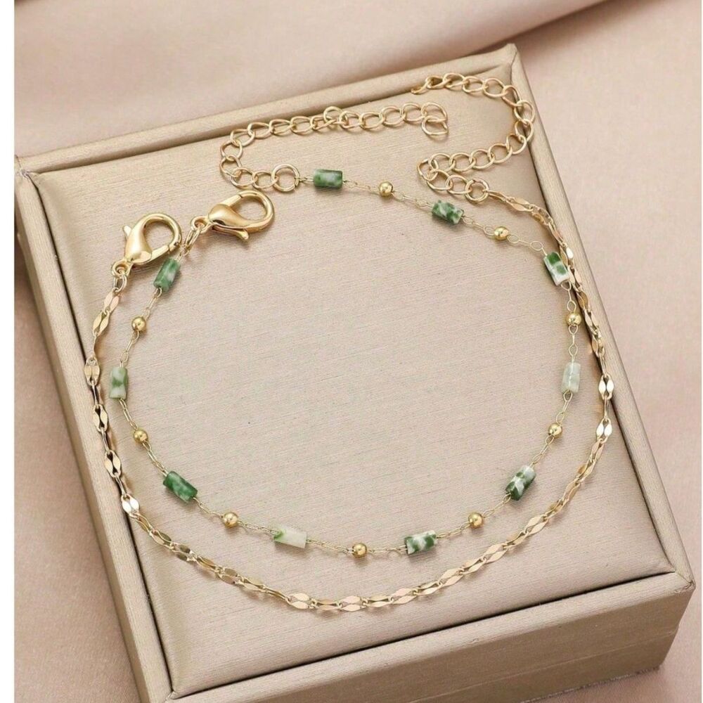 2pc Natural Green Beaded Gold Bracelet Crystal Gemstone Chain Layer Adjustable